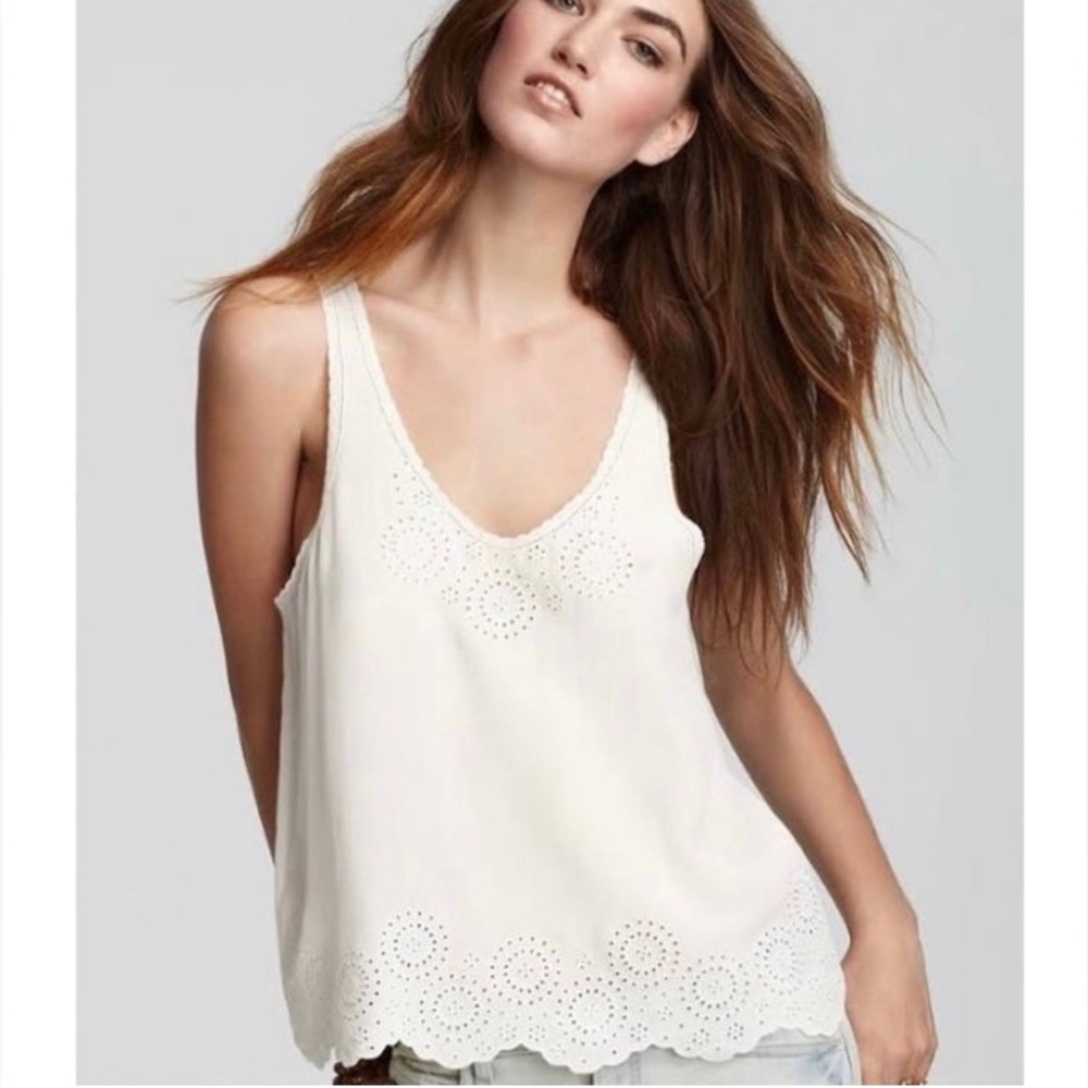Joie Boyd White Silk Eyelit Scalloped Hem Tank Top